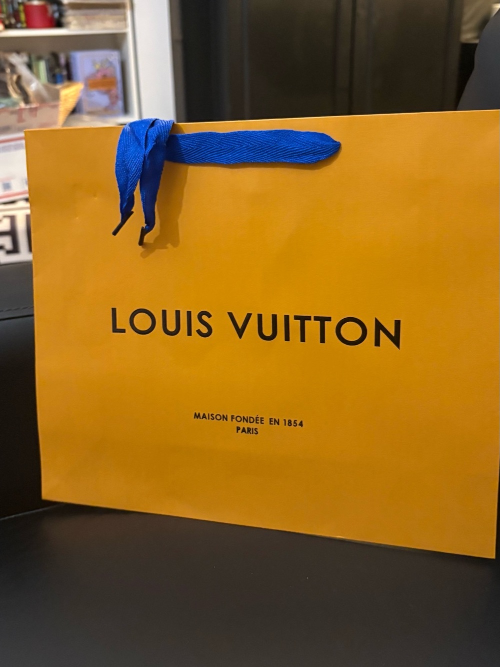 Louis Vuitton Orange Paper Shopping Bag with Blue Ribbon Handle LG